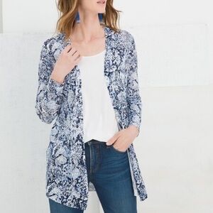 Chico's Reptile Print Blue Open Front Sweater Cardigan Coastal Grandma Size 12